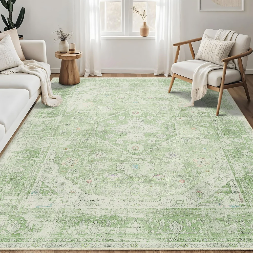 

VIKAMA Green Rugs Washable Boho Rugs for Living Room Bedroom Dining Room Large Non Slip Throw Carpet Soft Sage Green Floral