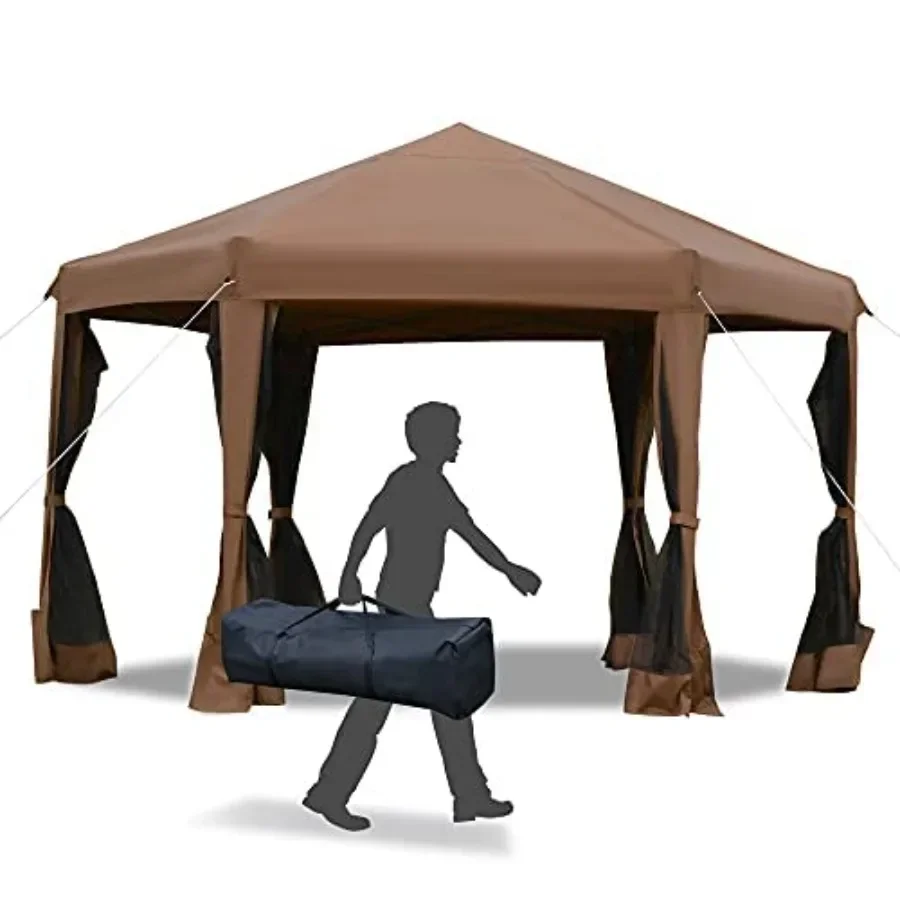 13' x 11' Hexagonal Pop Up Gazebo Heavy Duty Outdoor  Tent with 6 Mesh Sidewall Netting 3-Level Adjustable Height and Strong St