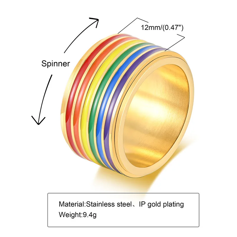 12mm Rotatable Men Colorful Rainbow Gay Rings Stainless Steel Valentine's Day Gift Fashion Jewelry Size 7 8 9 10 11 12