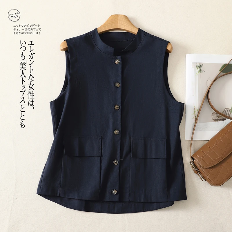New Cotton Linen Collarless Vest Retro Workwear Loose Short Double Pocket Casual Versatile Thin Outerwear Women's Jacket