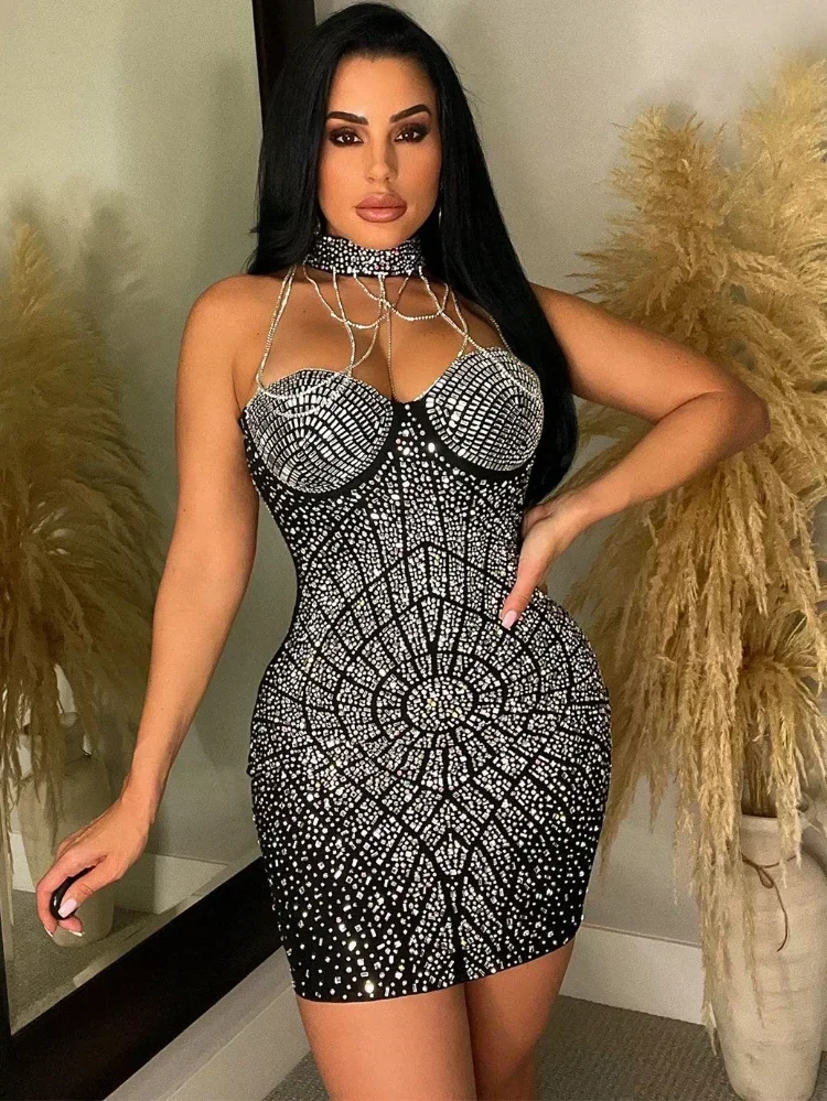 GUWU-Mini Robe de Soirée Luxueuse à Bretelles en Diamant, Tenue en Maille Transparente, avec Pompon, pour Anniversaire, Club, Slim, Sexy, Éducative