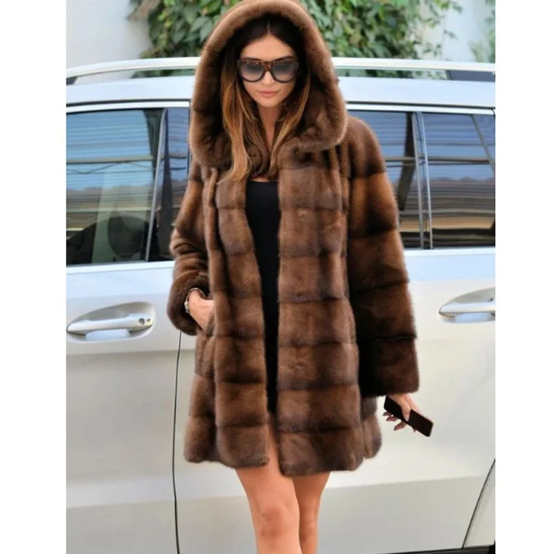 Women Faux Fur Jacket Mid Length Coats Thick Warm Open Stitch Coat Hooded Full Sleeve Casual Elegant Splice Autumn Winter 2025