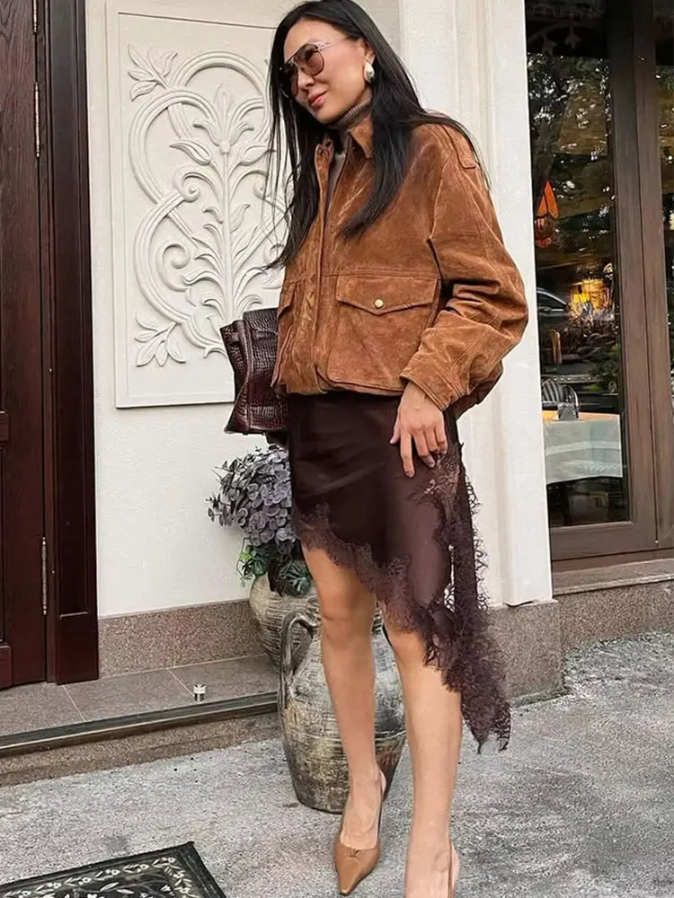 HH Women Elegant Fashion Asymmetrical Lacesplice Skirts High Waist Elastic Waist Midi Skirt Summer Casual Holiday Chic Skirts