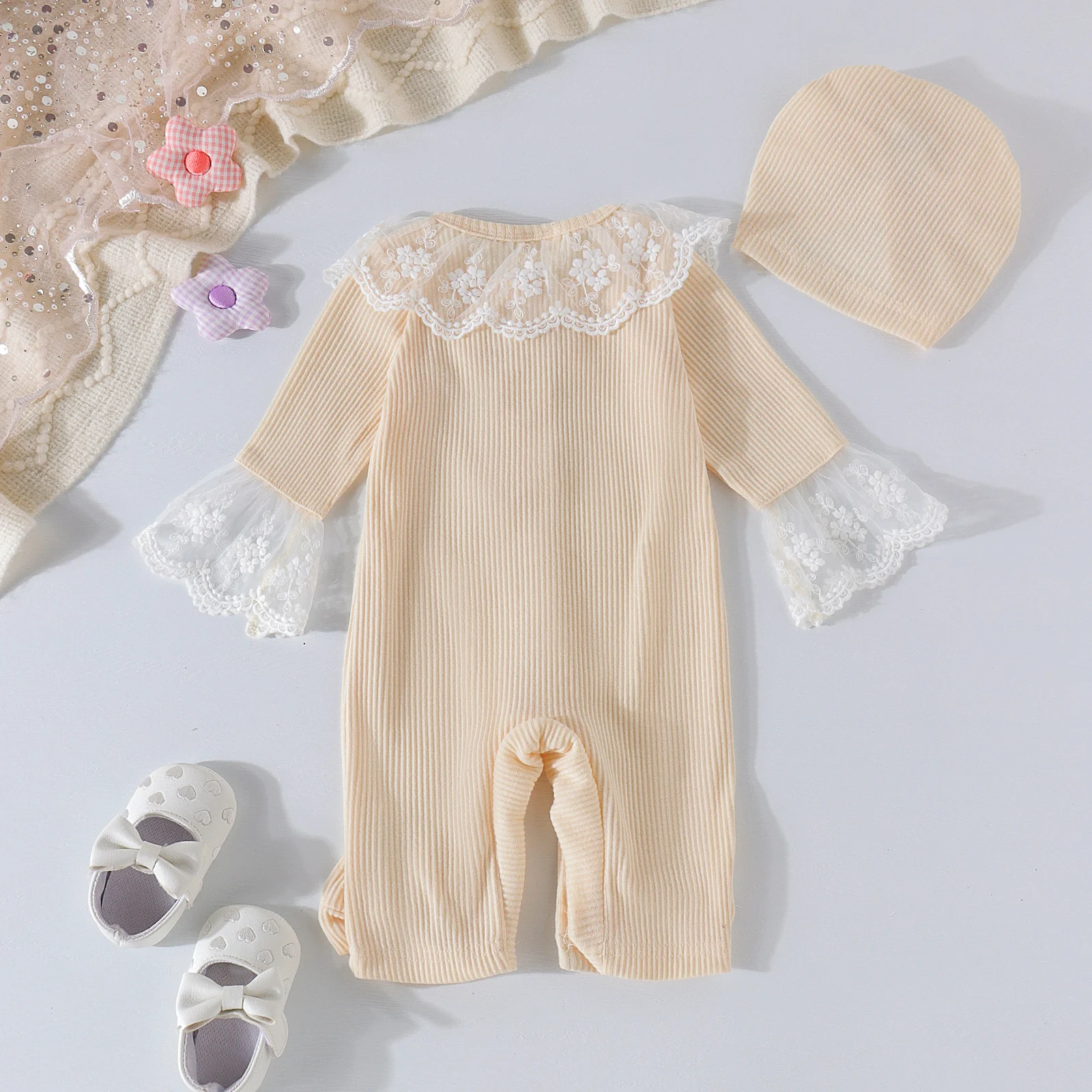 2PCS Autumn New Style 0-1 Year Old Girl Baby Sweet And Cute Multi-Color Lace Collar Long-Sleeved Jumpsuit + Bow Hat