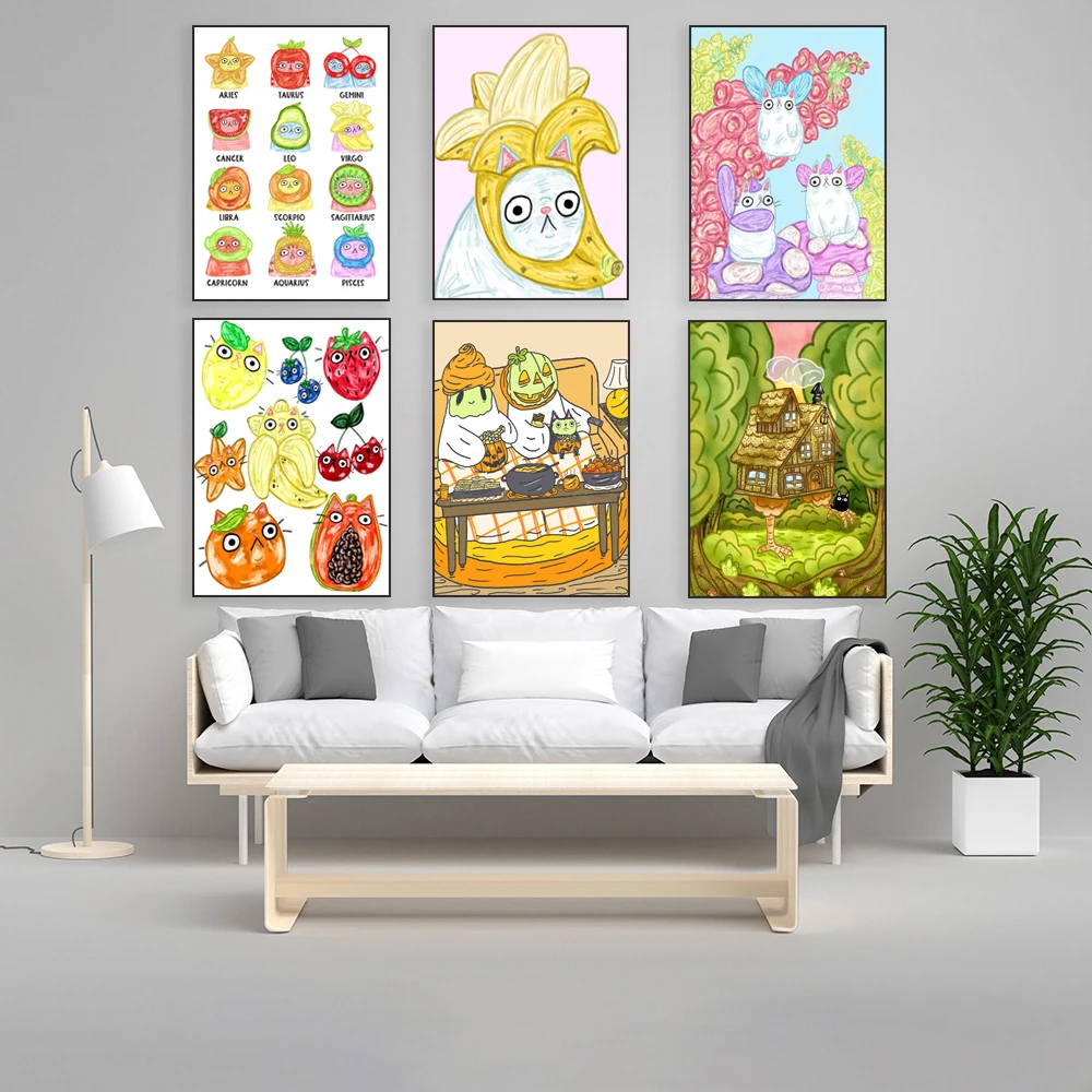 Cat art, lemon cat, cats and plants, fairy cat, cat on a donut tree, cat illustrations, humorous black cat paintings and posters