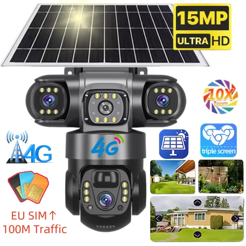 Cámara Solar con 4G SIM 15MP HD para exteriores 3 lentes 3 pantallas 10X Zoom PIR cámaras de detección humana visión nocturna protección de seguridad CCTV