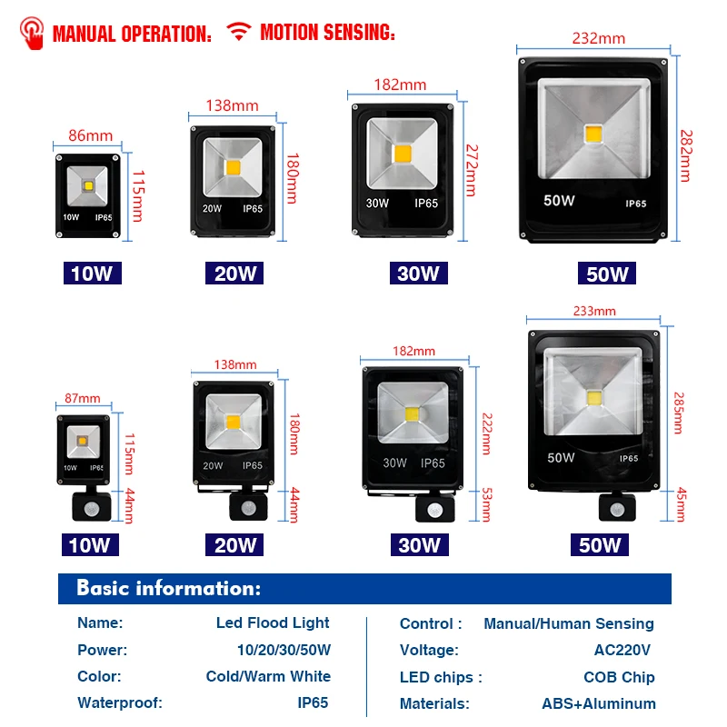 Led Floodlight 10W 30W 50W 220V Reflector Flood Light Waterproof Ip65 Garden Spotlight Pir Motion Sensor Wall Outdoor Lighting