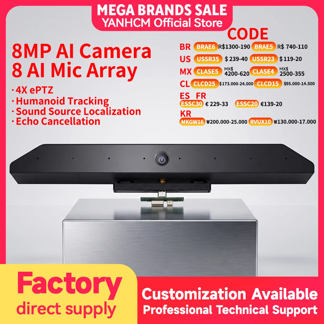 8MP AI Video Camera 1080P 4K HD 8 Array Mic FF USB Plug and Play Human Tracking Sound Source Localization Video Conferencing