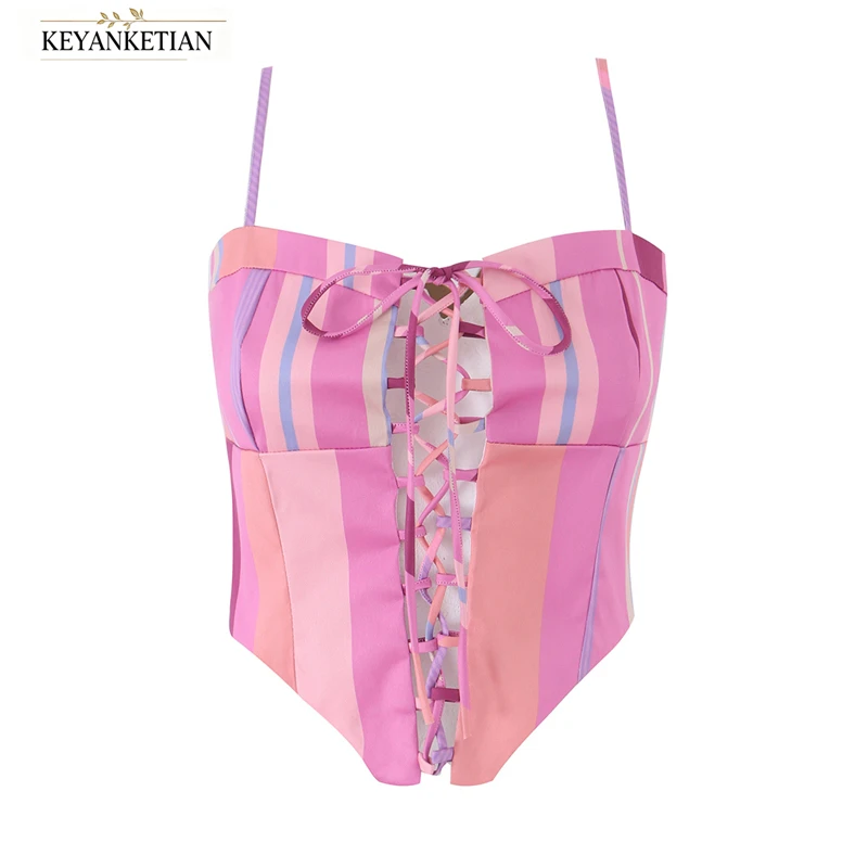 KEYANKETIAN Color Stripe Bustier Top Adjustable Spaghetti Straps Front Lace Up Curved Hem Slim Fitted Cropped Sleeveless Tank