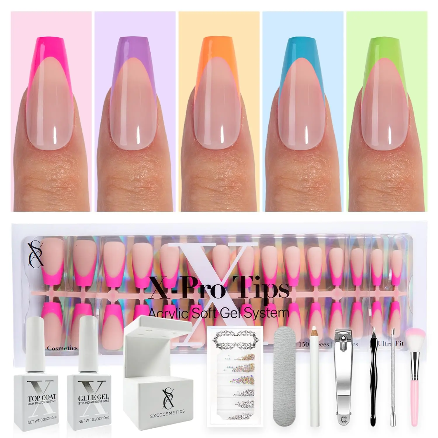 

Glow-in-the-Dark French Tip Press-On Nails in Bright Pastel Colors, Coffin Shape for Any Occasion
