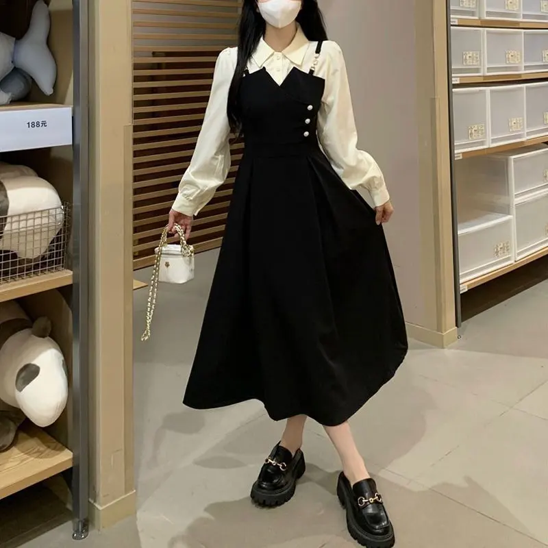 

Fake Two Pieces Patchwork Midi Dress Spring Autumn Elegant A-Line Waist Female Clothing Turn-down Collar Fashion Button Dresses