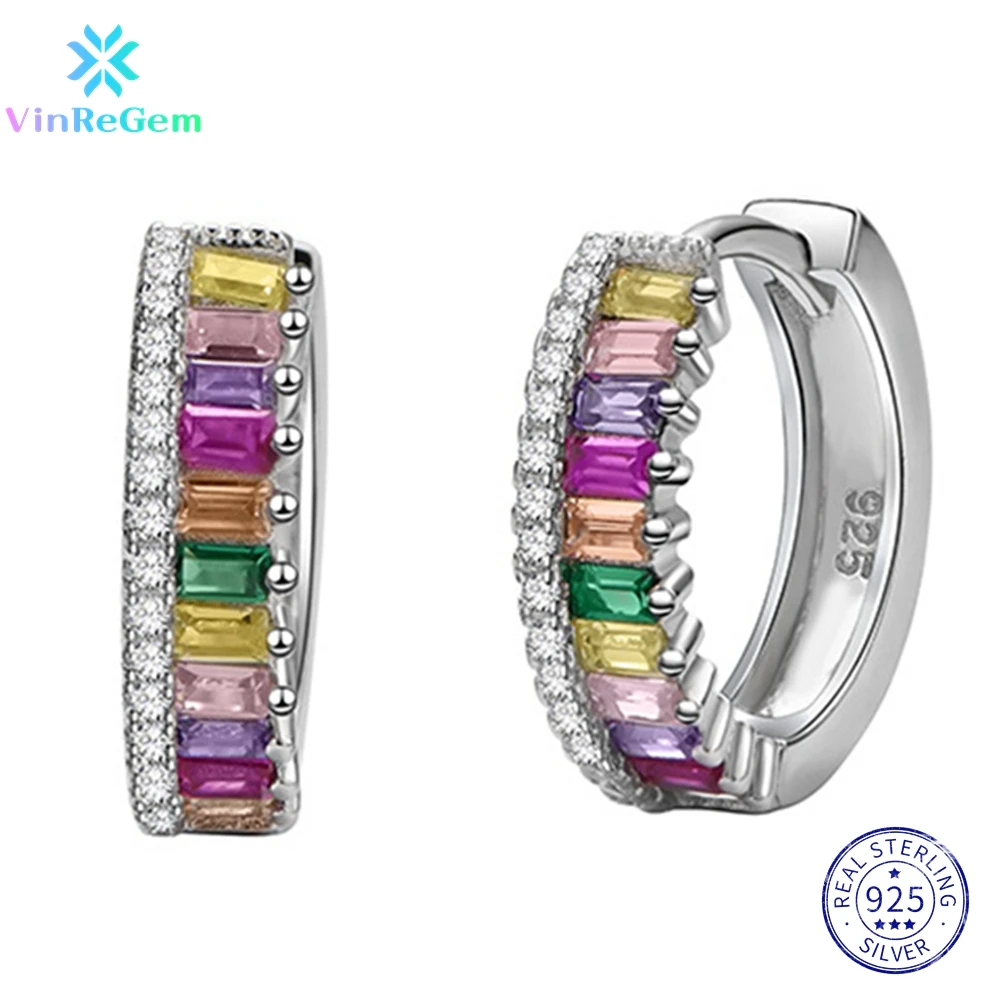 Vinregem genuine 925 prata esterlina colorido safira simulado moissanite hoop brincos para o presente de casamento feminino dropshipping