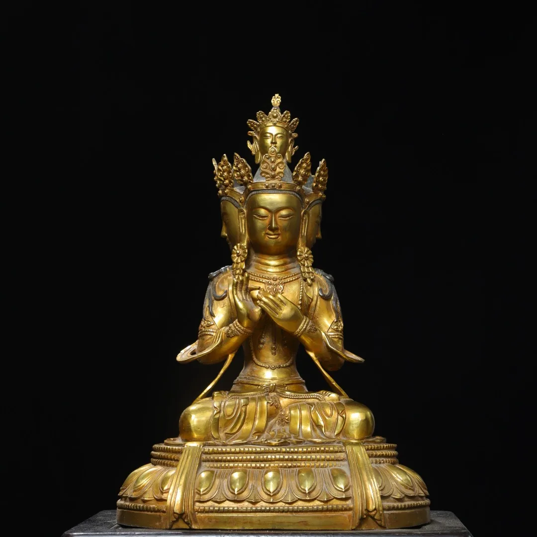 Old Bronze Gilded Cinnabar Three sided Buddha headed Guanyin sitting Buddha Worship Hall Town house Exorcism