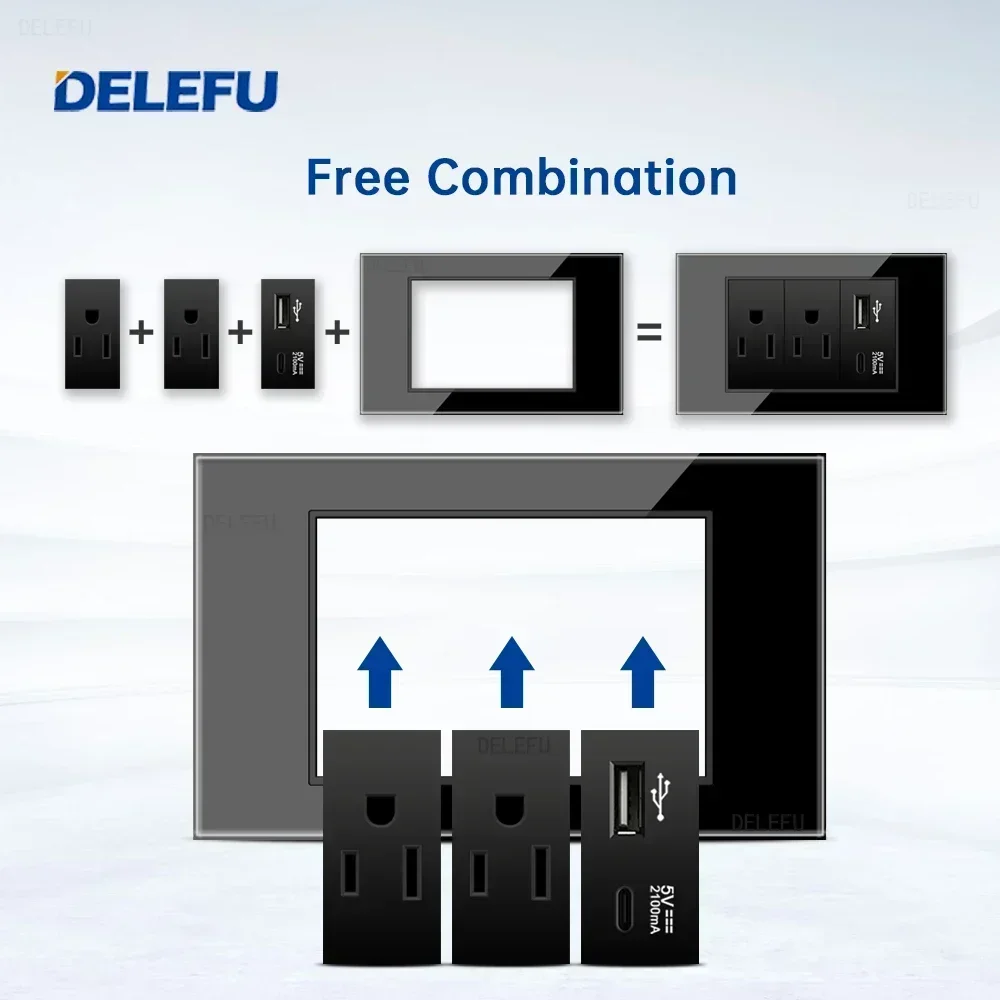 DELEFU Black Tempered Glass American Standard Series 118*74mm USB-C Wall Socket Switch Satellite TV Phone CAT5 CAT6