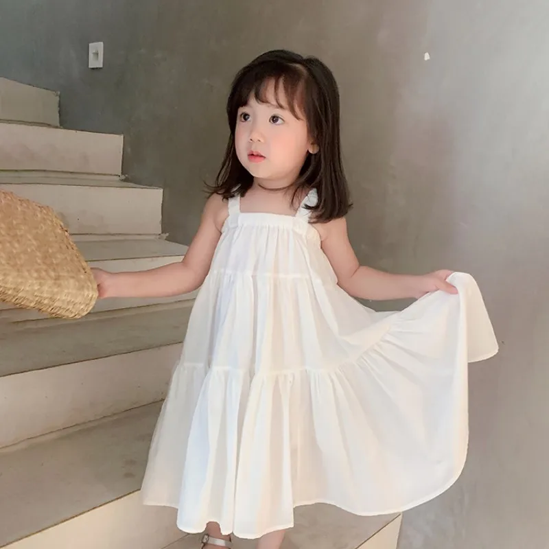 Summer Girl Dress Solid Round-Veck Children's Suspender Sweet Princess Beach Skirt