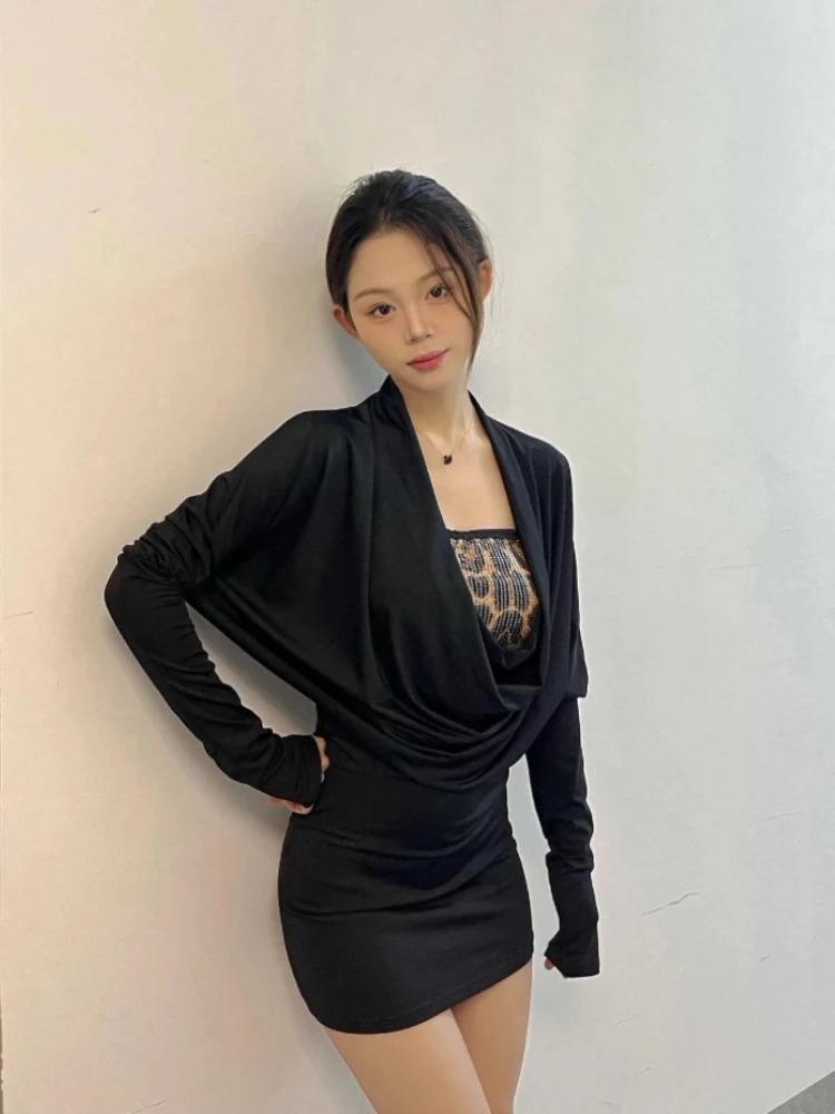 2000s Harajuku Vintage Slim Sexy 2 Piece Dress Sets Y2k French Elegant Leopard Long Sleeve Mini Dress Japan Hot Girl Autumn Sets