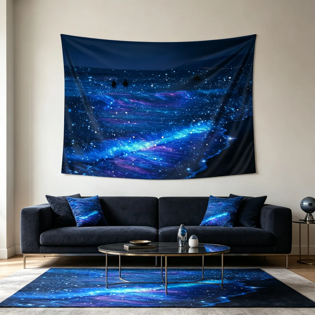 1PC Blue Glowing Ocean Art Print Backdrop Banner, Bedroom Living Room Photo Background, Polyester, Home Decor, Wall Art