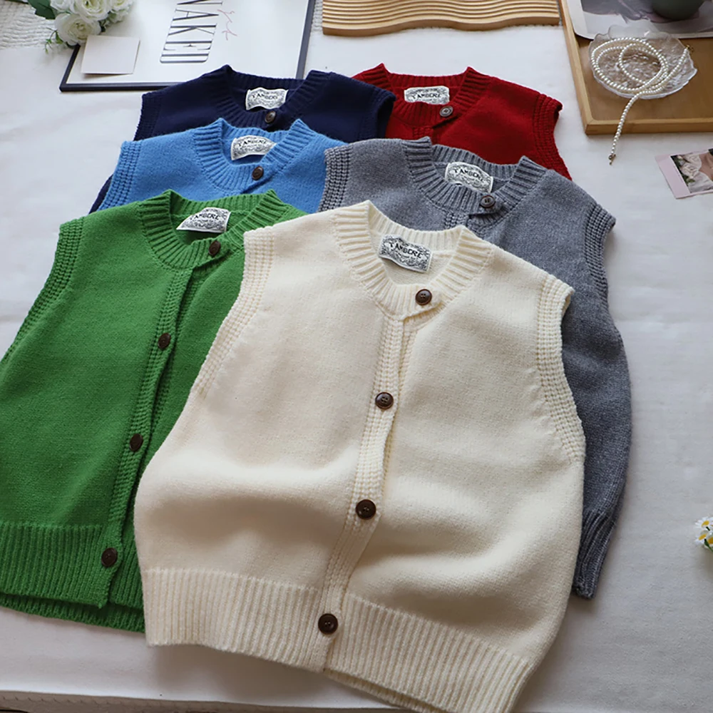 

Women Korean O-Neck Buttons Vest Coats Autumn Winter New Solid Knitting Sleeveless Sweaters Daily All-Match Sweater Vests