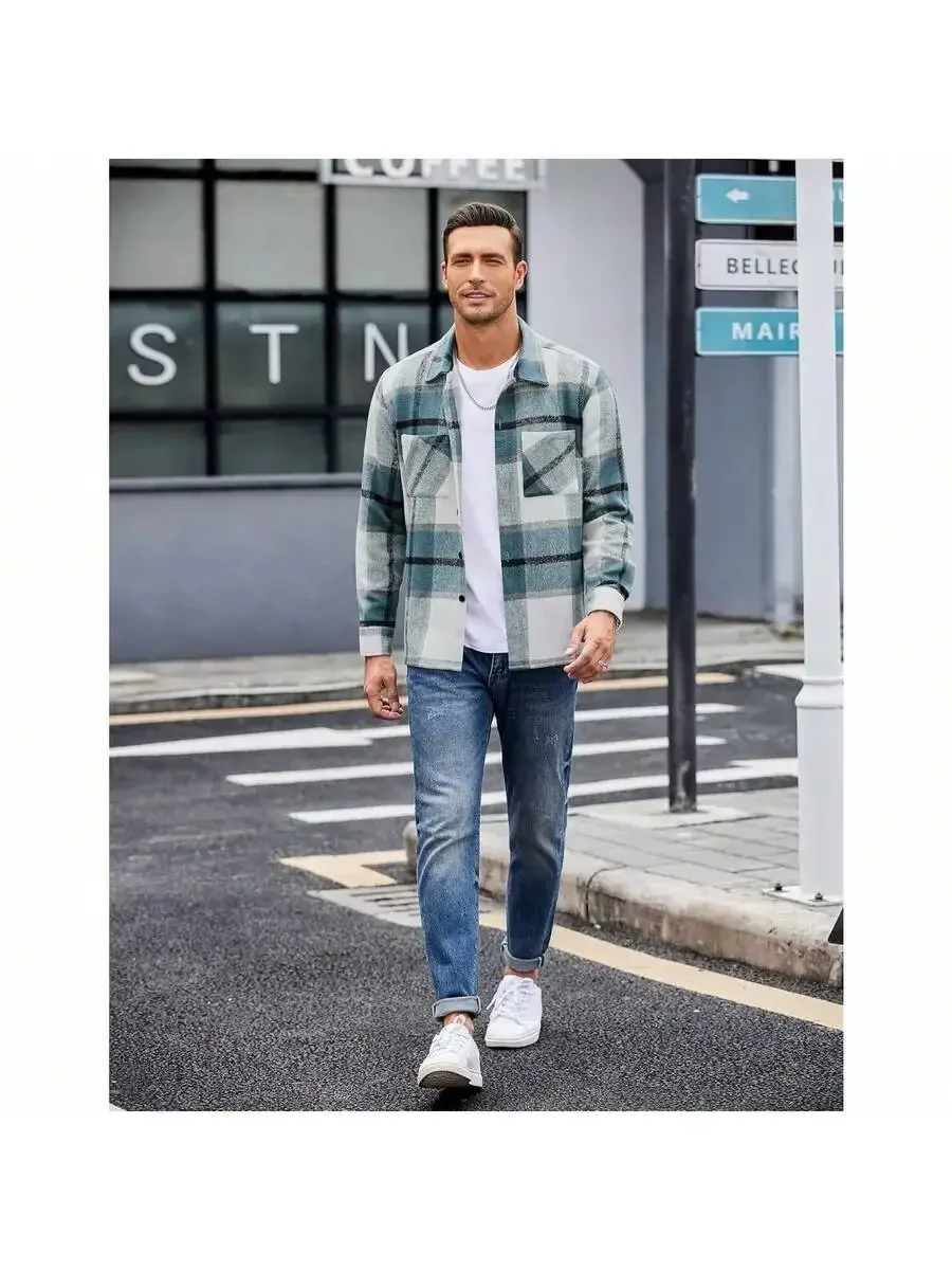 

Mens Plaid Flannel Shirt Jacket Casual Button Down Long Sleeve With Pockets