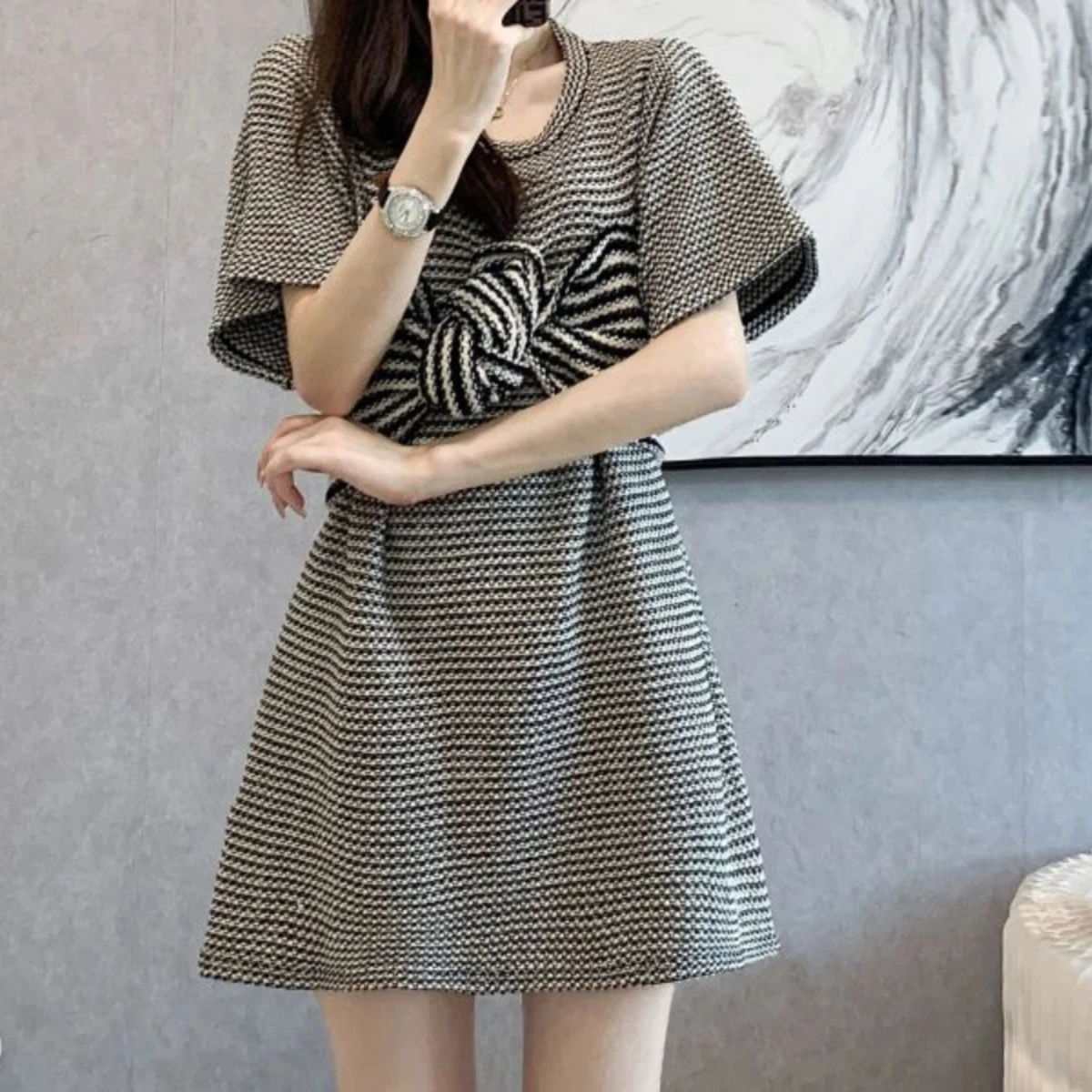 Women Bow Striped T-shirt Dress Summer Fashion Round Collar Short Sleeve Mini Dresses 2025 New Style Slim Fit Design