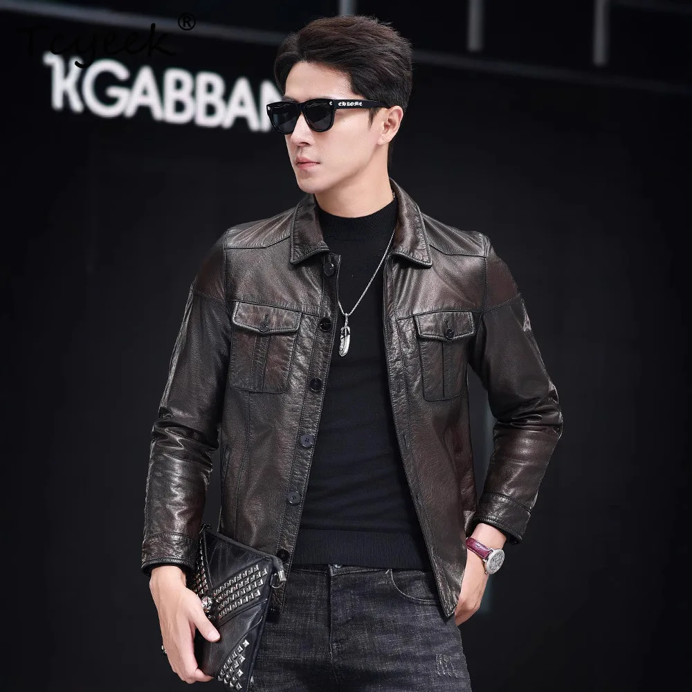 Tcyeek 100% Real Leather Jacket Men Autumn Clothes Oil Wax Top Layer Cowhide Coat Motocycle Mens Coats Trendy Jaqueta De Couro