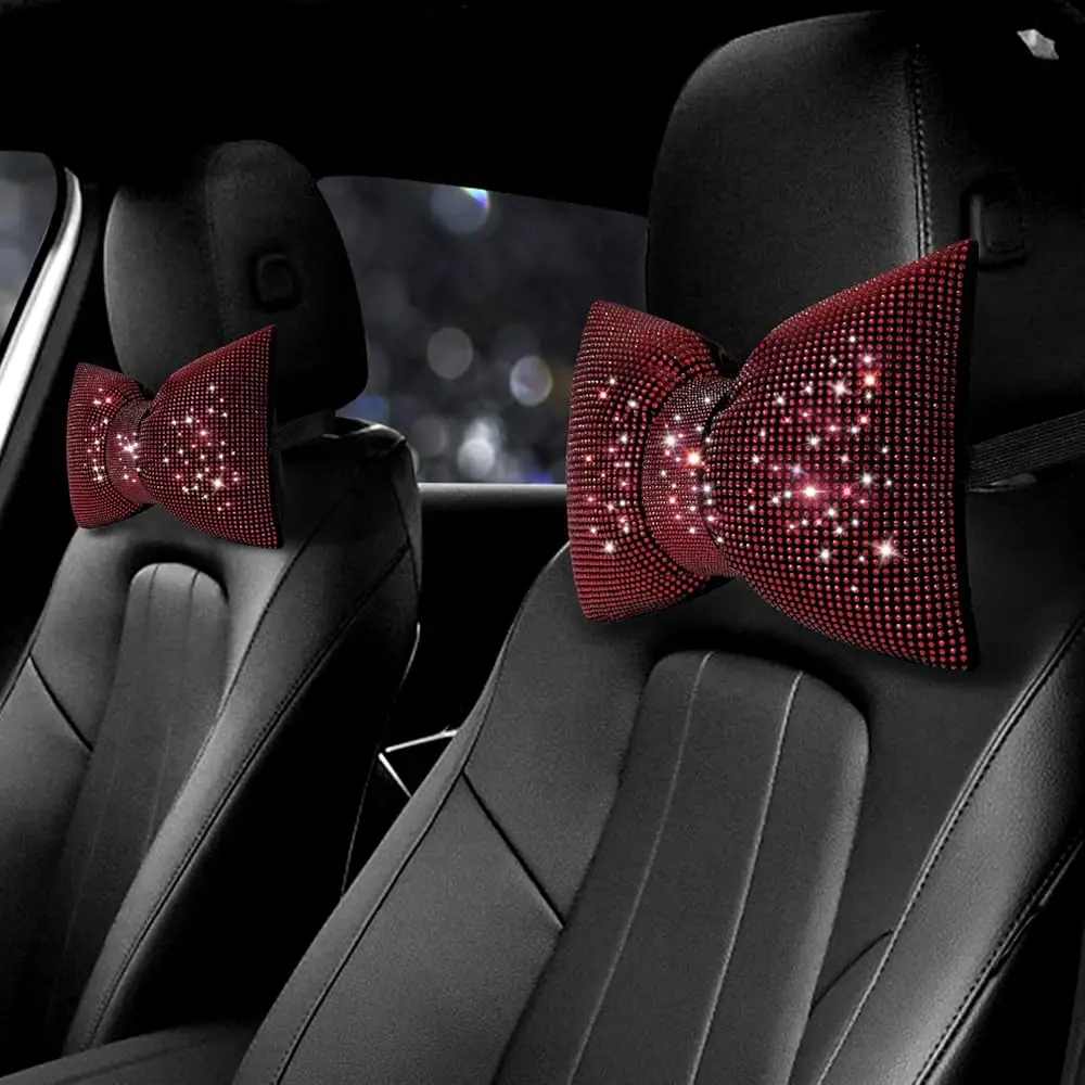 

2PCS Rhinestone Car Headrest Neck Pillow for Driving with Bling Bling Crystal Bow Pillow Car Accessories for Women (Red)