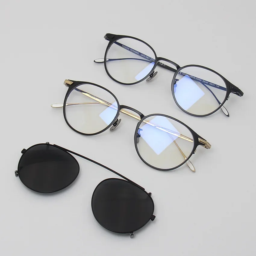 Japanese Handmade Women Prescription Glasses Frame UFO-061 Titanium Round Men Retro Eyewear Prescription Multi-functional Clip