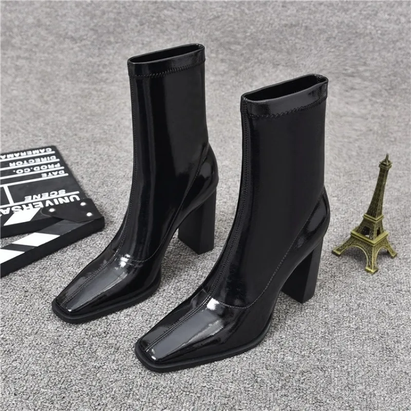 

Elegant Woman Square Toe Ankle Square Heel Boots New Pu Leather Comfort Punk Chelsea Boots 2025 Winter Trend Woman Shoes Mujer