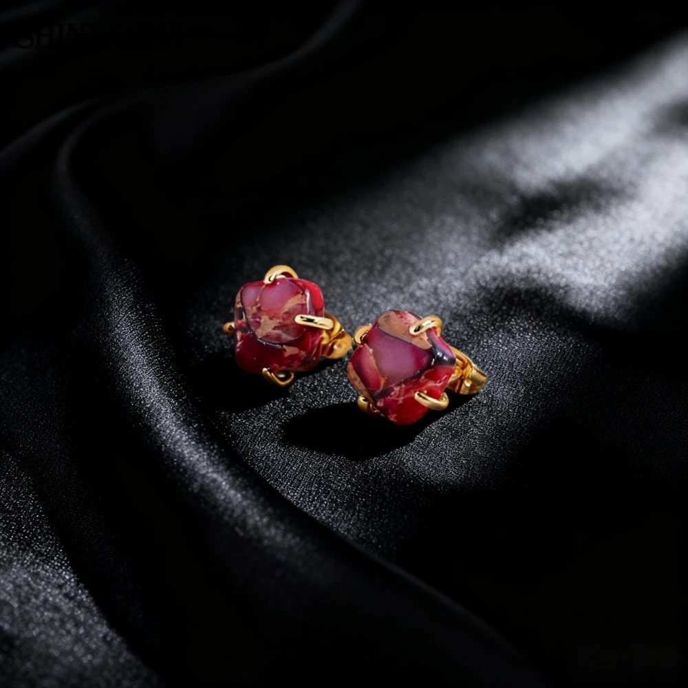 

SHINYGEM Square Natural Rose-Pink Imperial Jasper 925 Silver Stud Earrings Plated 18K Gold Women Luxury Jewelry Accessories