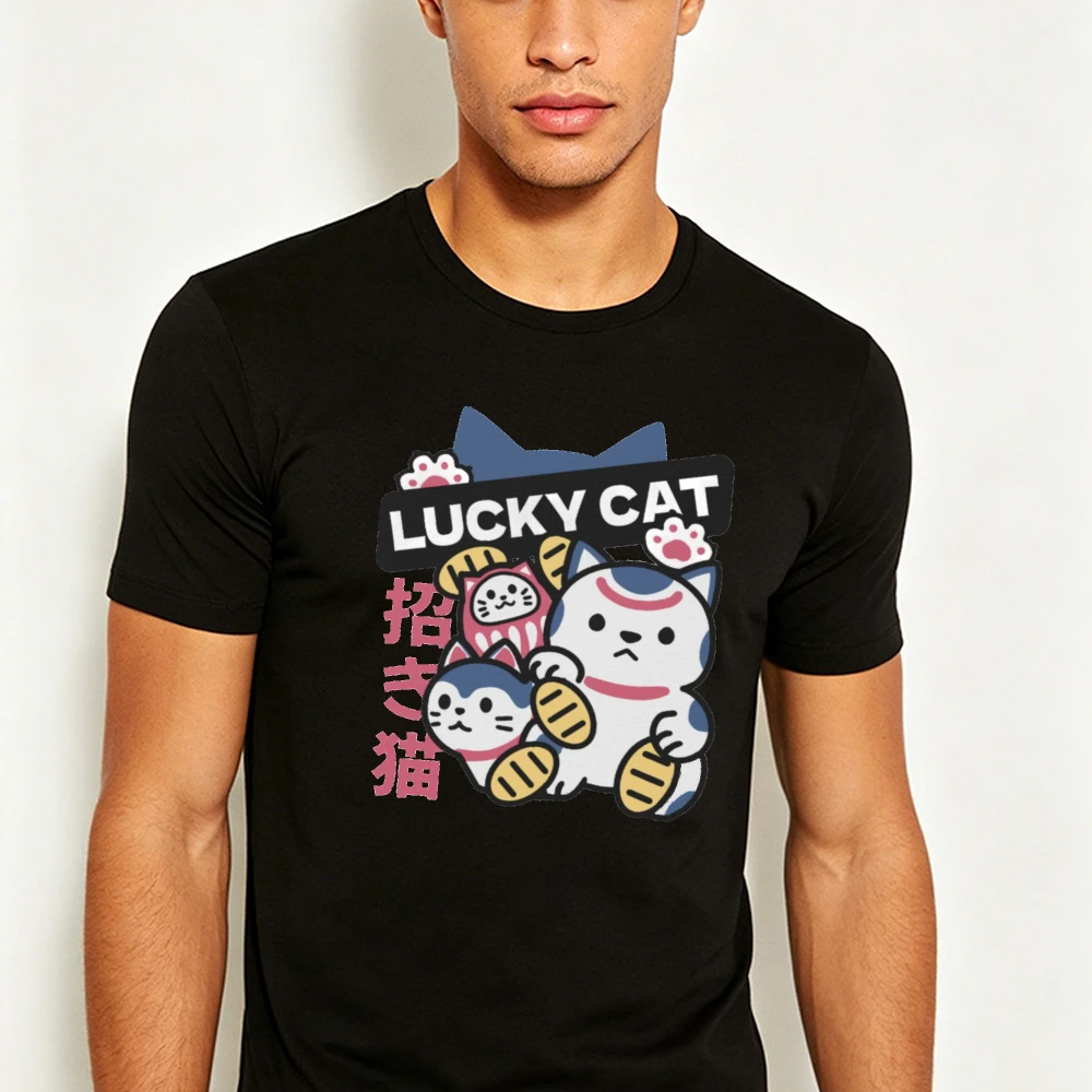 Lucky Maneki Neko Cartoon Cat Japanese Letter Graphic Men Summer T Shirt Cute Oriental Fortune Animal Short Sleeve Garment