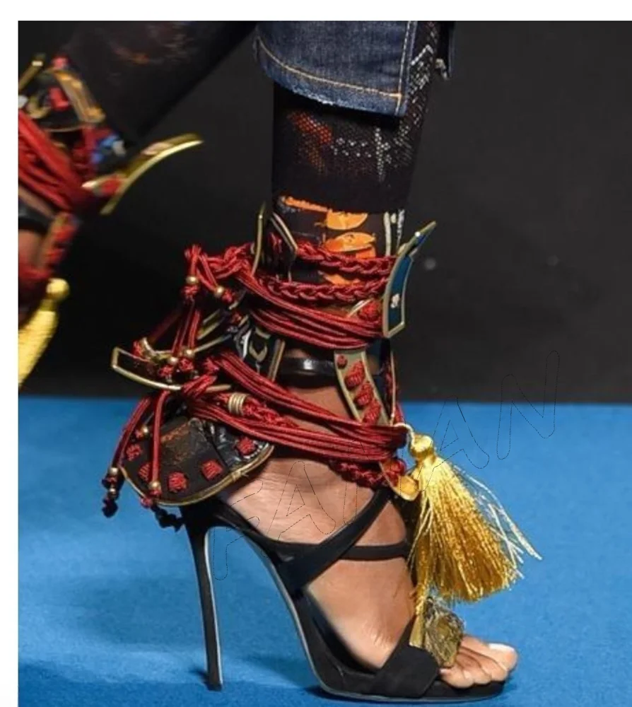 

Black Brown Fringe Decor Sandals Lace up Cross Tied Thin Heel High Shoes for Women Open Toe Wedding Shoes 2025 Zapatillas Mujer