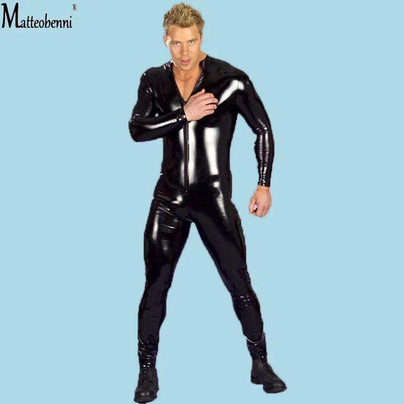 المتضخم S-4XL مثير الملابس الداخلية الرجال Catsuit فو الجلود الجبهة زيبر المنشعب ارتداءها مثلي الجنس الوثن ازياء المثيرة الملابس الداخلية بذلة