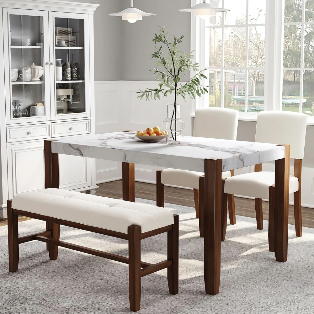 

4 Piece Kitchen Dining Table Set 46" Faux Marble Style Rectangular Table Set With 2 Upholstered Chairs 1 Bench For Dining Room