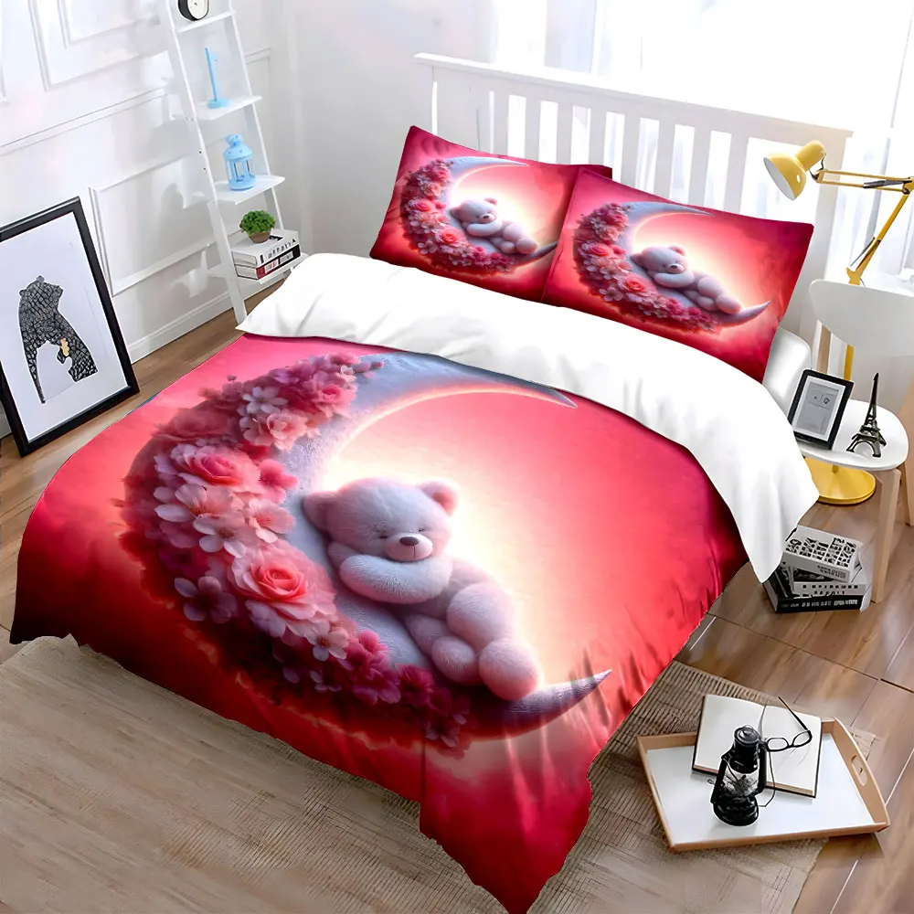 Dreamy Moon and Floral Bear Bedding Set for Kids Luxury Gift 3pcs Digital Print Comforter Set Soft Comfortable Breathable