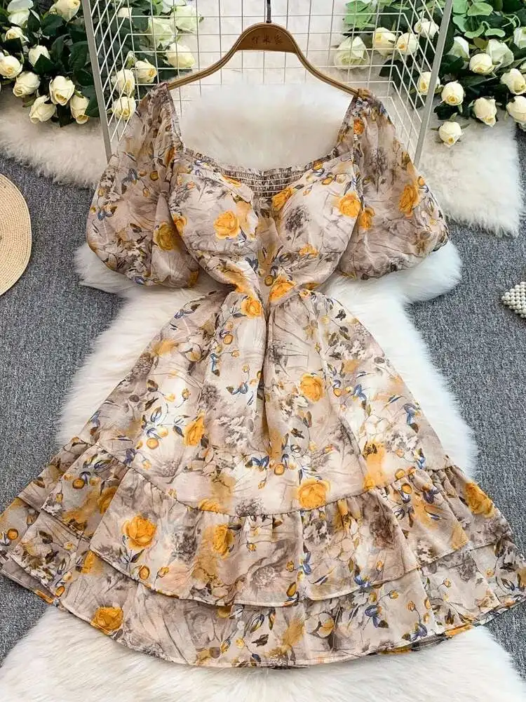 Vestido curto vintage francês feminino, estampa rosa, gravata quadrada, almofada no peito, vestidos de praia, verão, em camadas, robe curto