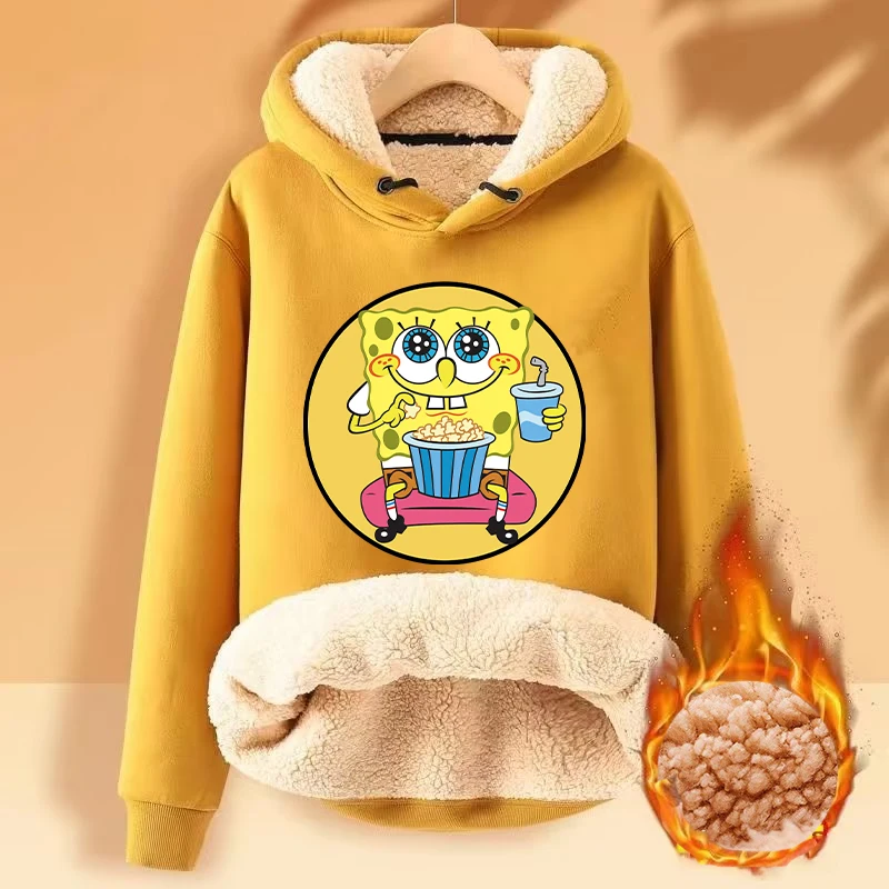 SpongeBob SquarePants Men Women Thicken Warm Coat Cartoon Print Youth Clothes Winter Warm Adult Cute Jacket Long Sleeve Pullover