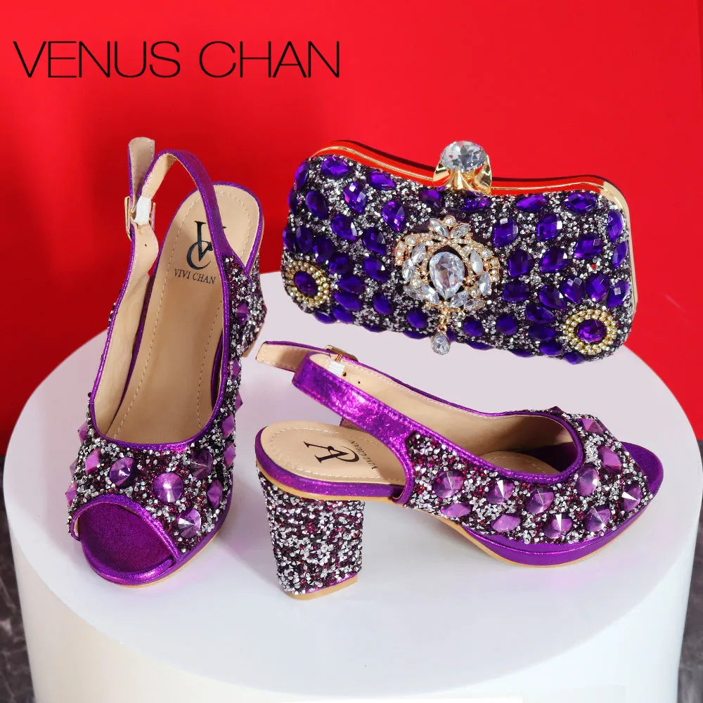 

Latest Nigeria Sandals Elegant Party Low Heels Nigeria Popular Design African Ladies Shoes and Bag Set with Full Diamond