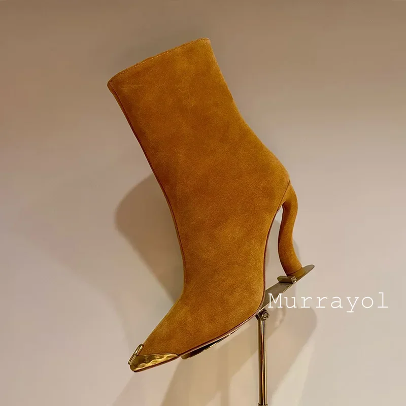 ใหม่ของแท้หนังแปลกรองเท้าส้นสูงรองเท้าสั้นผู้หญิง Pointed Toe โลหะตกแต่งด้านข้างซิปข้อเท้า Botas ฤดูใบไม้ผลิฤดูใบไม้ร่วงโมเดิร์นรองเท้า