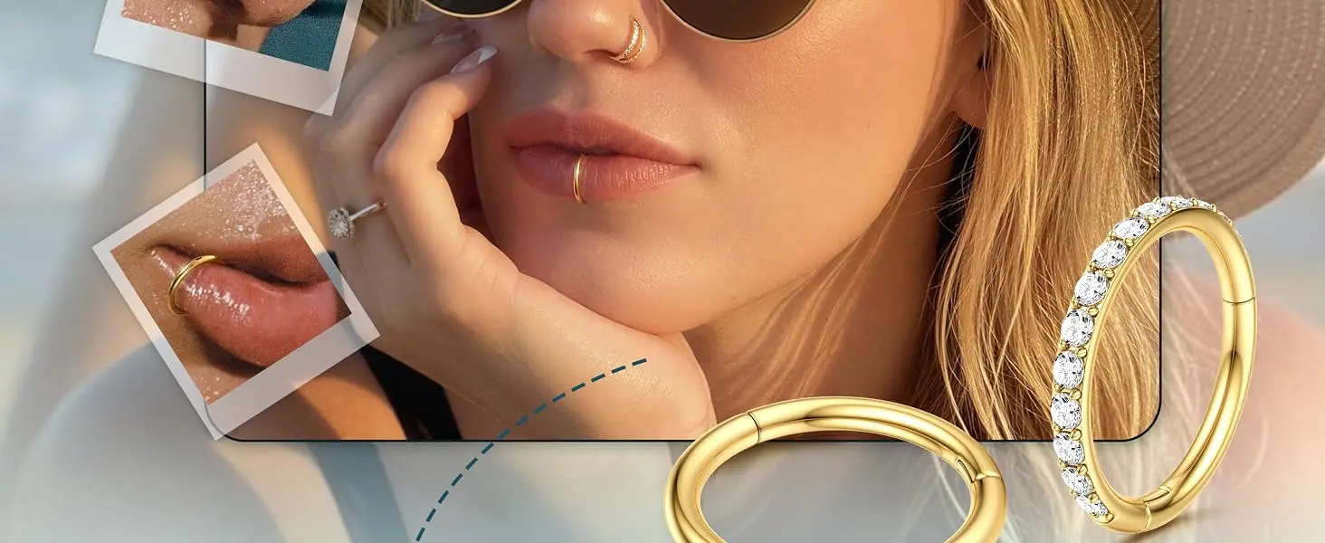 Drperfect 4 Stück Nasenringe mit Scharnier für Damen und Herren, 316L Chirurgenstahl Ohrringe, Tragus Septum Doppelring CZ Piercing Schmuck – Detail 2