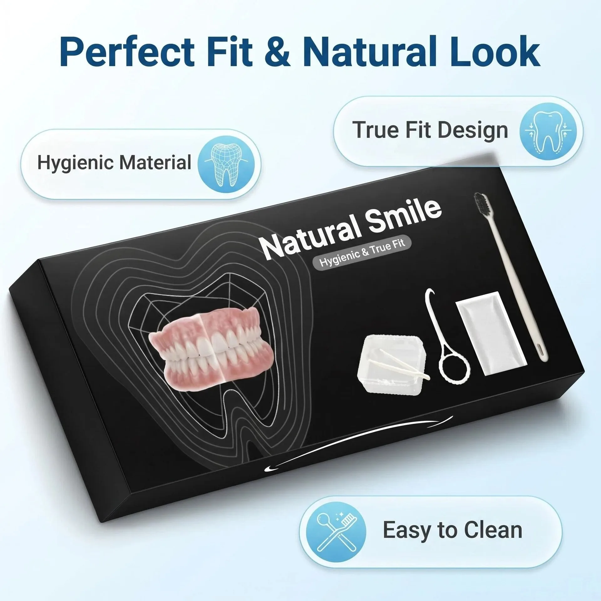 Full Mouth False Teeth Set with Case, Toothbrush and Removal Tool - Soft Silicone Reline Dentures for Comfortable Daily Wear