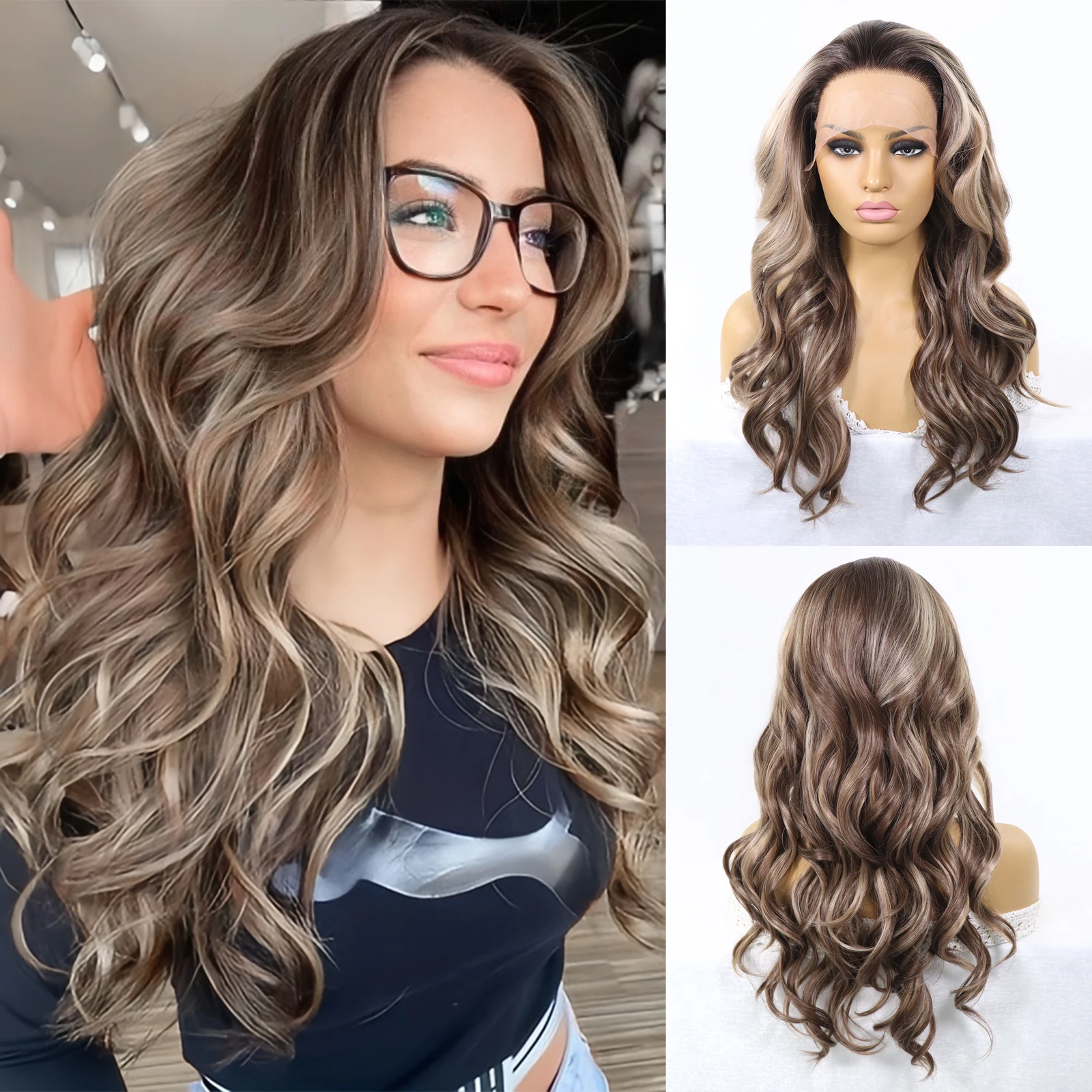 

Коричневый Highlight 13 × 3 дюйма Синтетический парик фронта шнурка для женщин Бесплатная часть 26 дюймов Длинные волнистые парики из термостойкого волокна для ежедневного использования