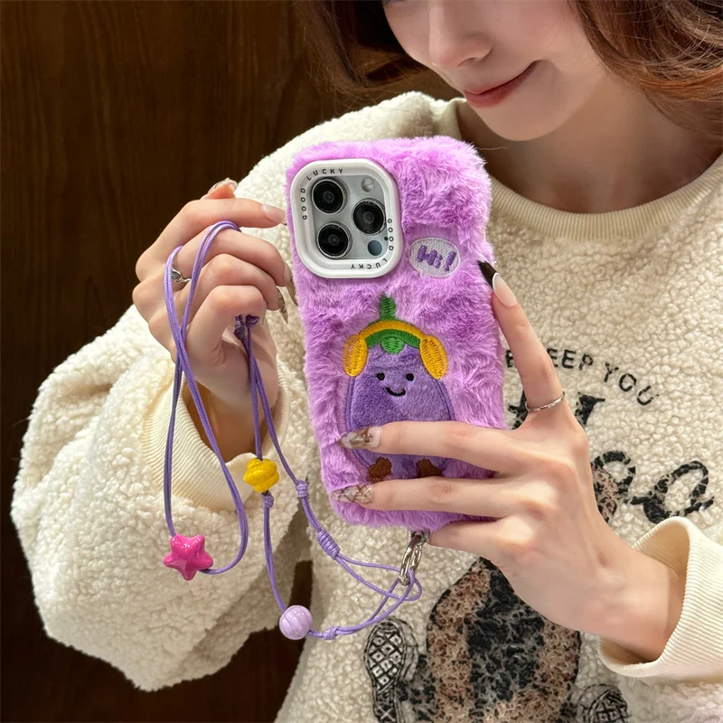 Purple Fluffy Fuzzy Plush Fur Cases For iphone 16 pro max warm Cute Soft Phone cover for iphone 15 14 13 pro max + Long lanyard