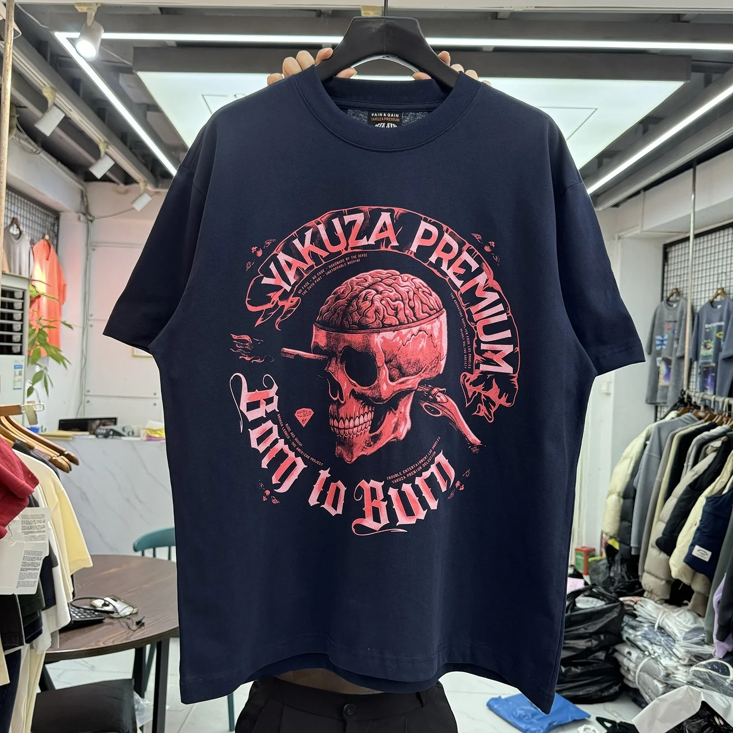 Loose Fit Vintage round Neck T-Shirt Men's Short Sleeve Printed Casual Summer American High Street Style Skeleton Letter Print