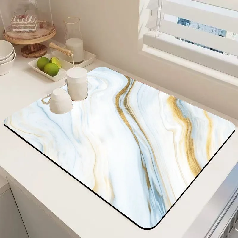 VIKAMA Blue Gold Marble Drying Mat Super Absorbent Anti Slip Heat Resistant Coffee Machine Kitchen Countertop Draining Pad