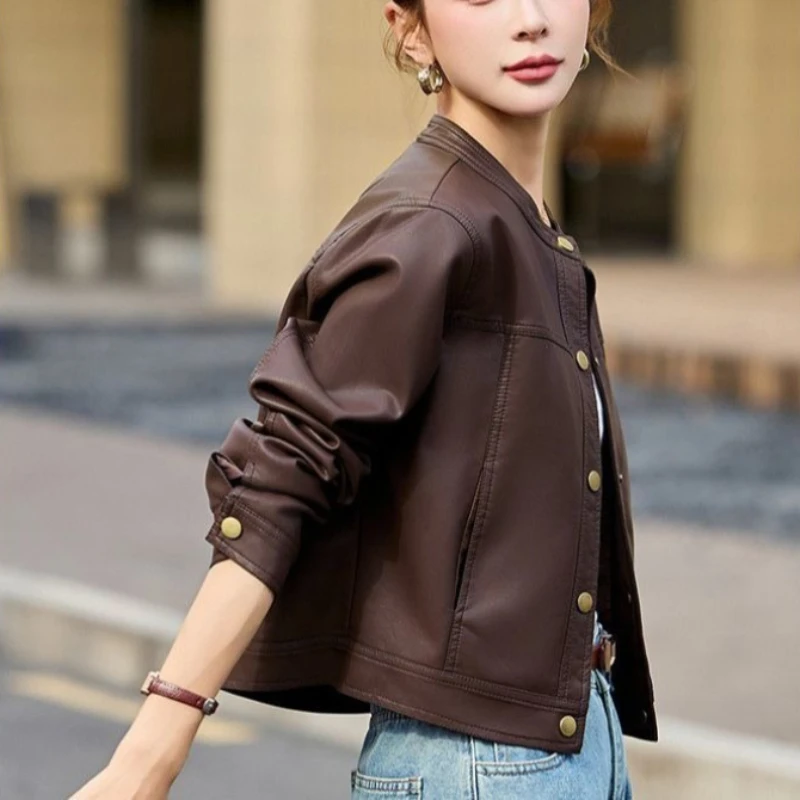 Women's 2026 Autumn New Round Neck Faux Leather Moto Jacket Cropped Petite Soft Chic Streetwear Trendy Korean Outerwear
