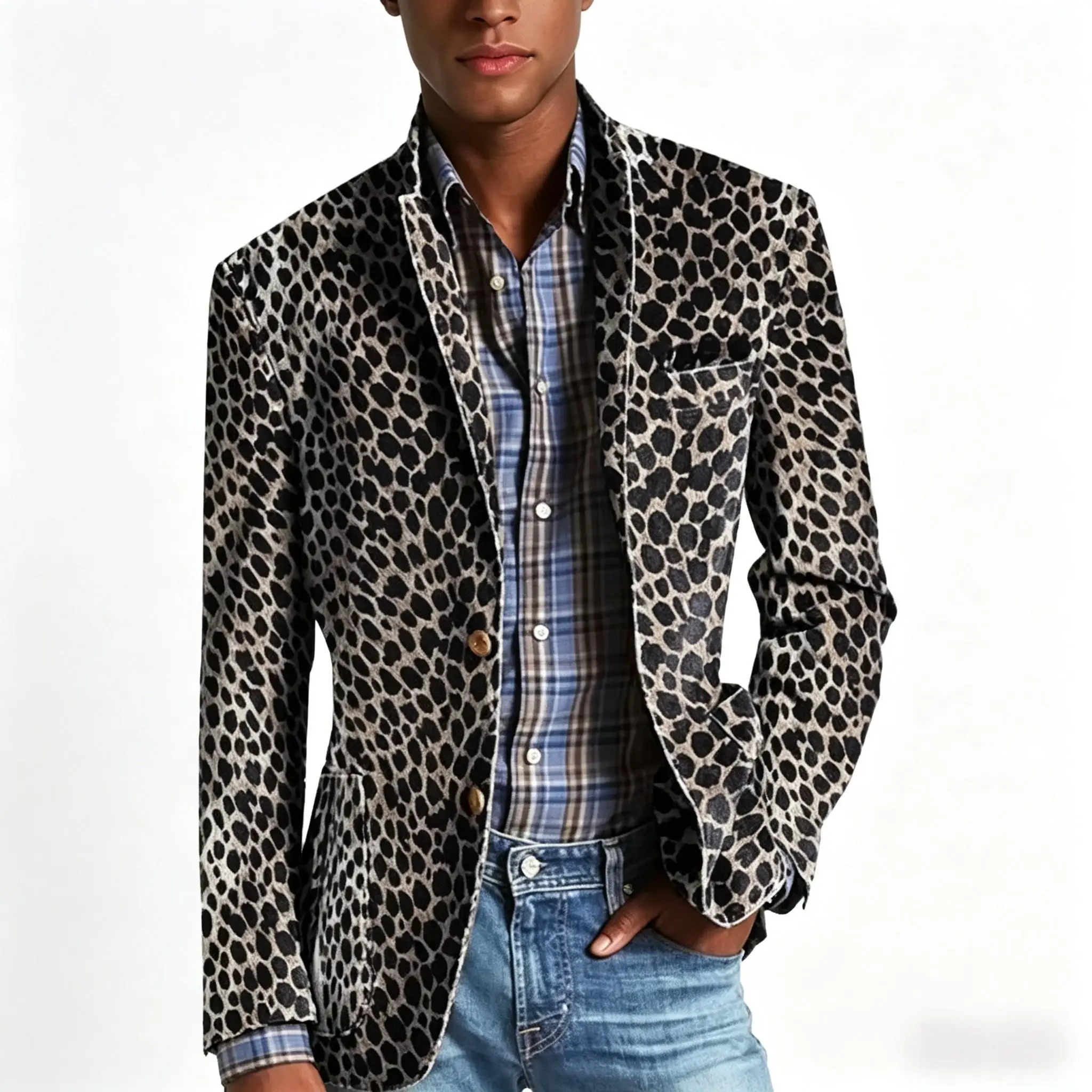 

Men's Leopard Print Velvet Blazer Classic Fit Stylish Long Sleeve Notched Lapel Suit Jacket for Nightclub Wedding Streetwear