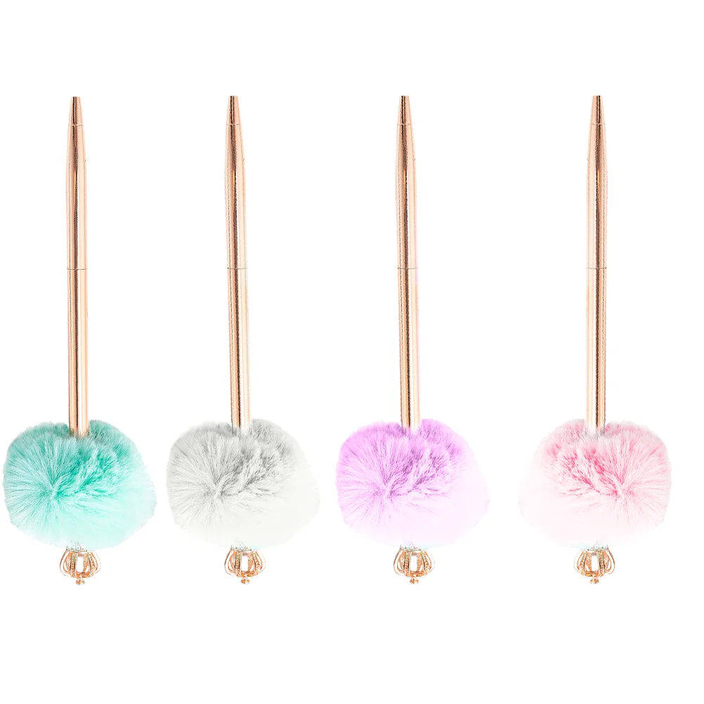 

4 Pcs Crown Hair Ball Pen Pompom Ballpoint Decor Plush Balls Student Stationery