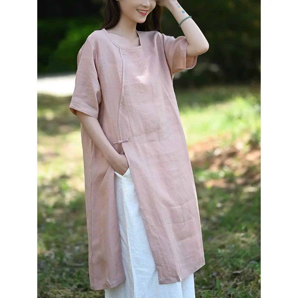 

High-End Large Size Women's Cotton Linen Loose T-Shirt Mid-Length Base Shirt Breathable Comfortable Summer New Arrival