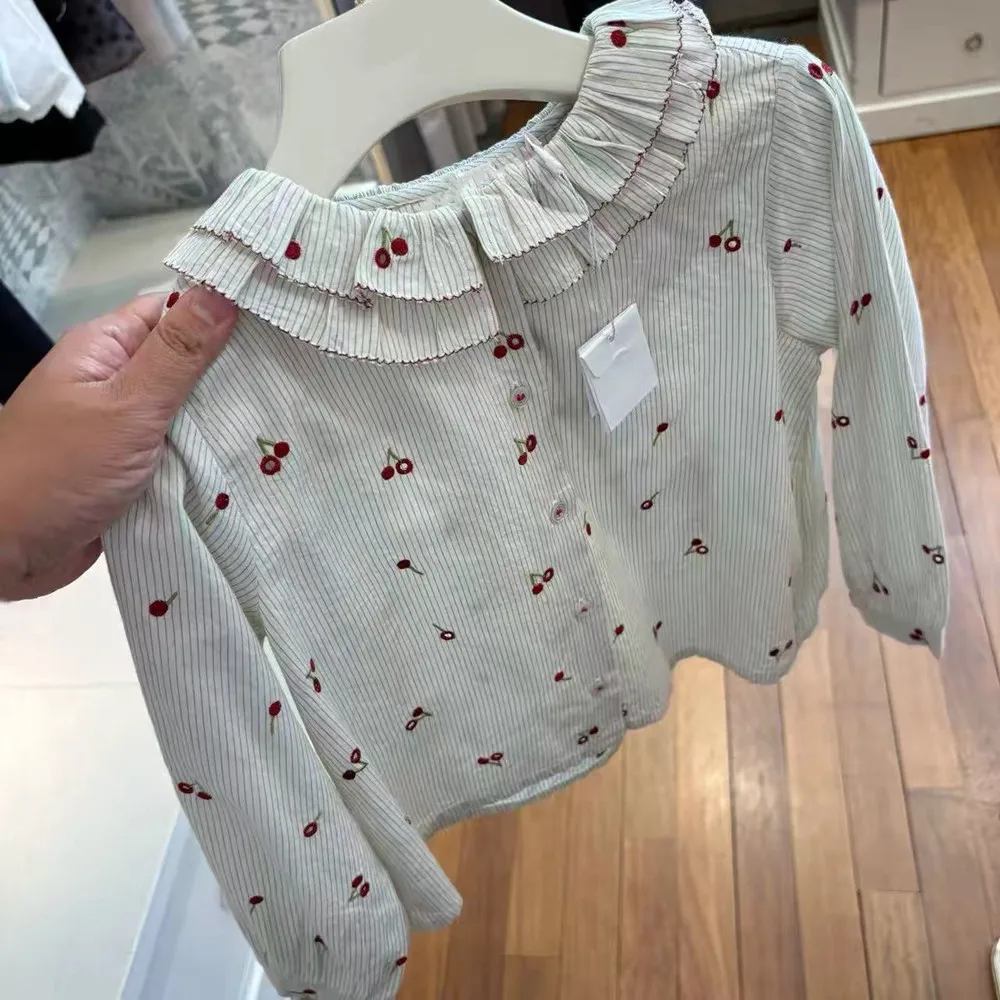 

spring kids girls clothes baby tops cute shirts Fully cherry patterns embroidered Lotus leaf collar Long sleeve blouse