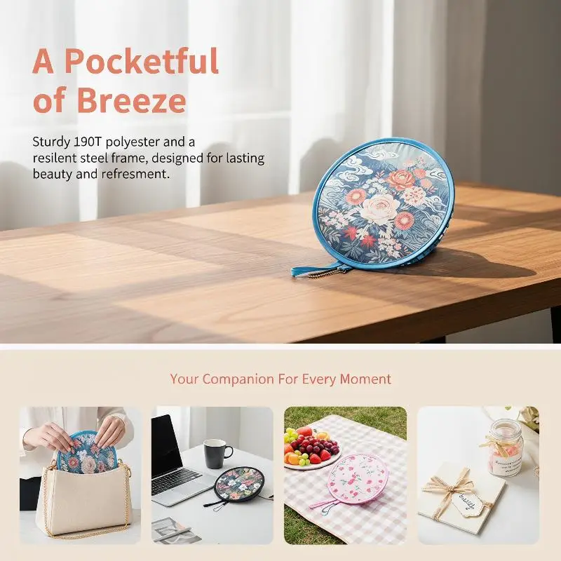 1Pcs Mini Japanese Style Folding Fan Flower Pattern With Pocket Collapsible Fan Round Handheld Fan Outdoor Activities